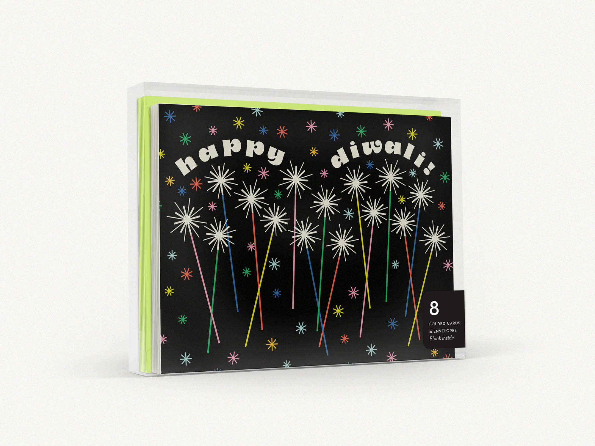 Boxed Set of 8 nostalgic Diwali cards with twinkling sparklers and retro typography.