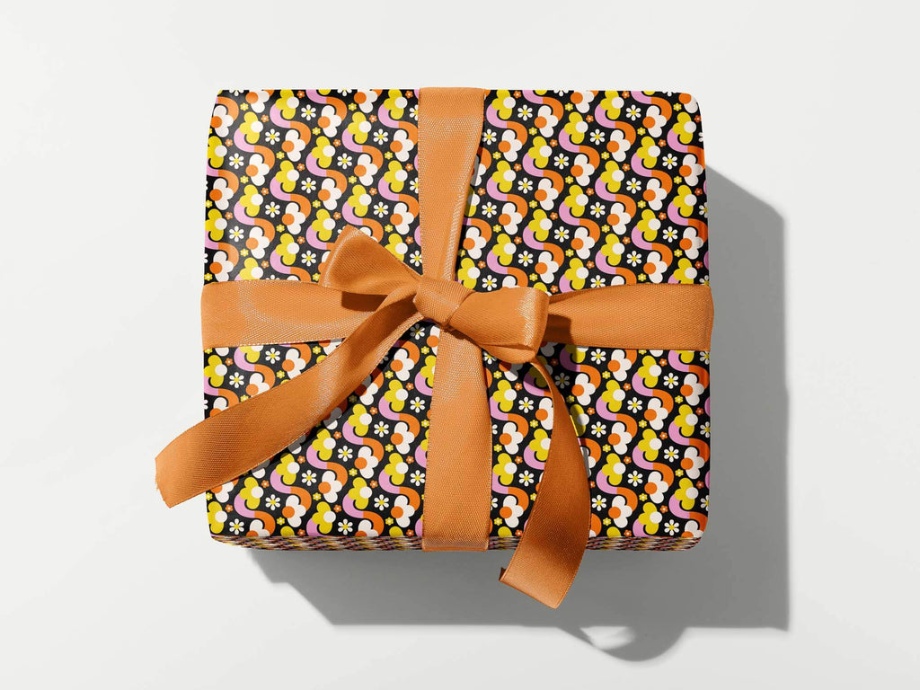 Fleurty Girl, Orange • Retro Floral Gift Wrap Sheets or Roll