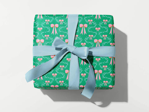 Coquette Christmas (Green) • Holly and Bows Pattern Gift Wrap Sheets or Roll