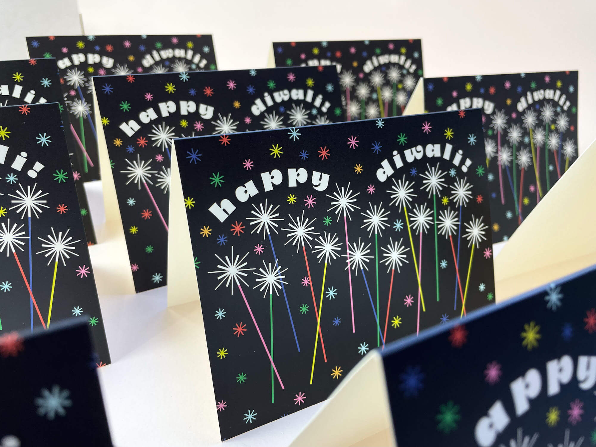 Close up of a retro midcentury inspired Diwali cards.