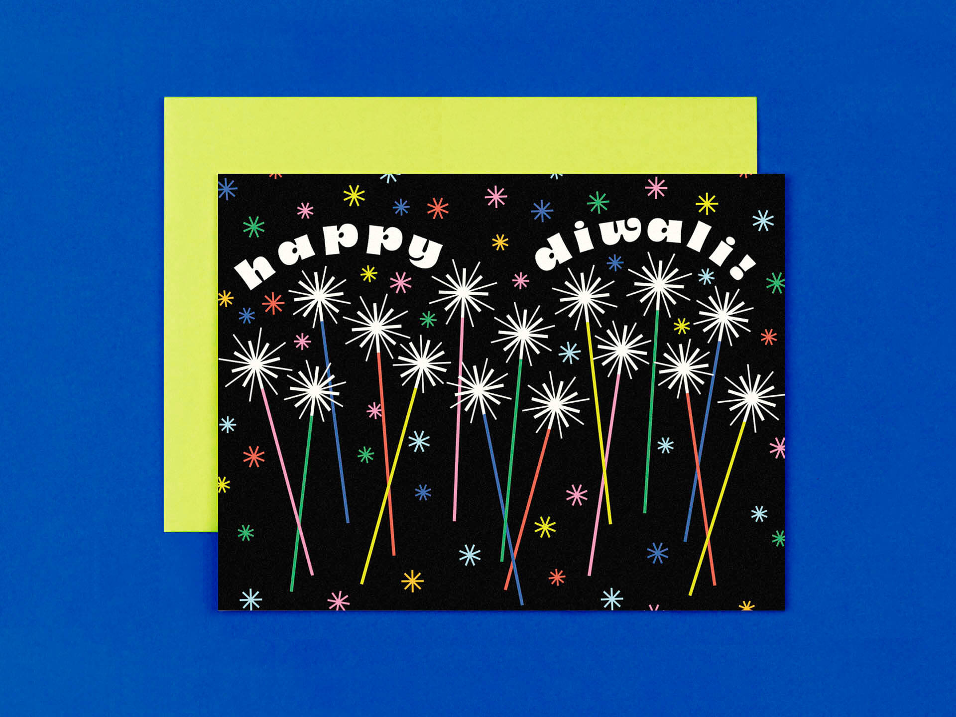 modern happy diwali card with twinkling sparklers and retro typography.